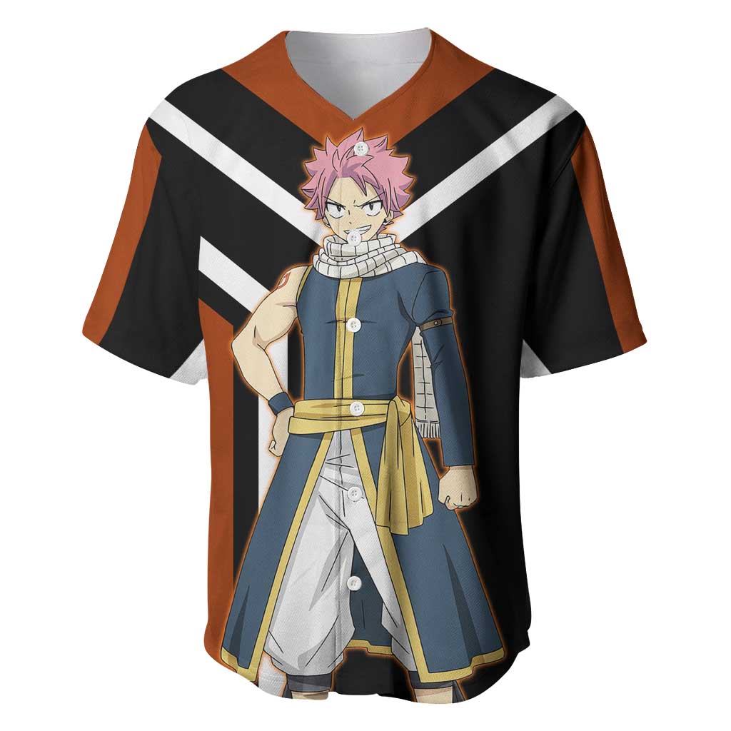Natsu Dragneel Fairy Tail Baseball Jersey with Fire Magic Pose and Fiery Action Design - The Mazicc