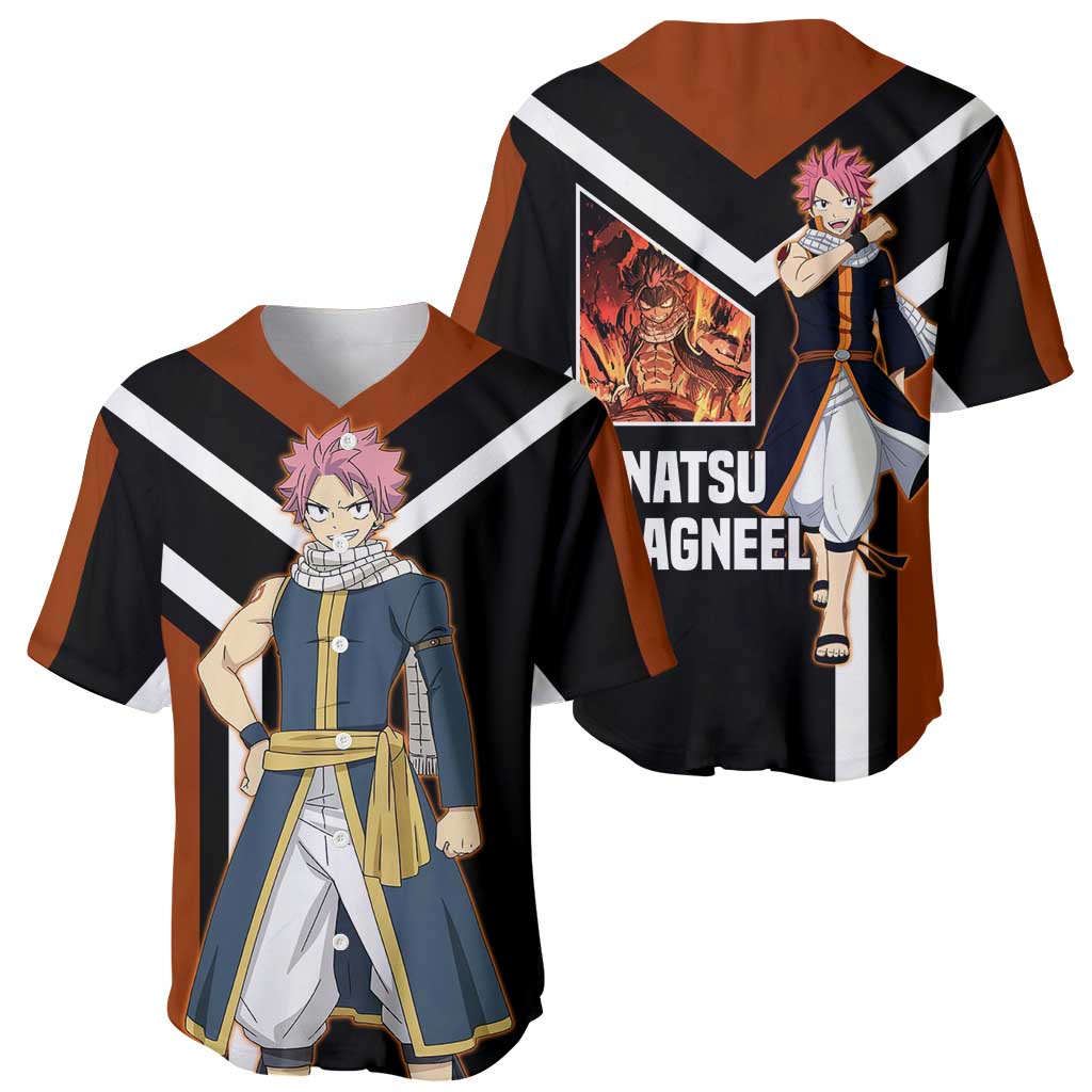Natsu Dragneel Fairy Tail Baseball Jersey with Fire Magic Pose and Fiery Action Design - The Mazicc