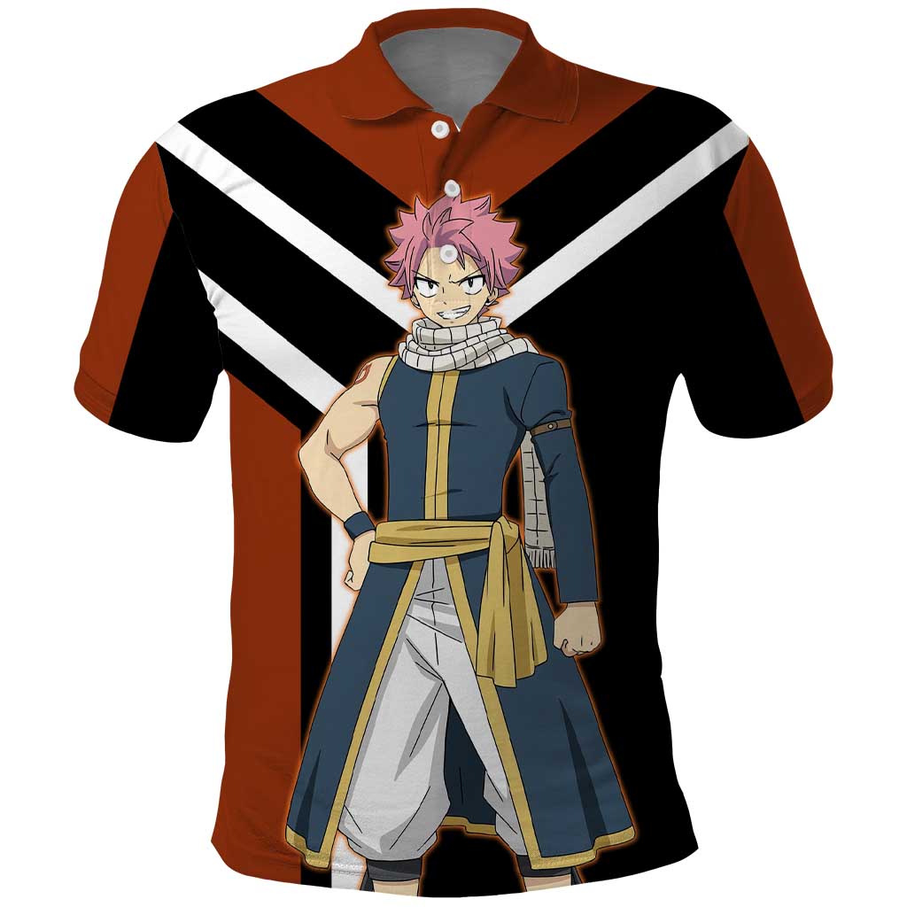 Natsu Dragneel Fairy Tail Polo Shirt with Fire Magic Pose and Fiery Action Design - The Mazicc
