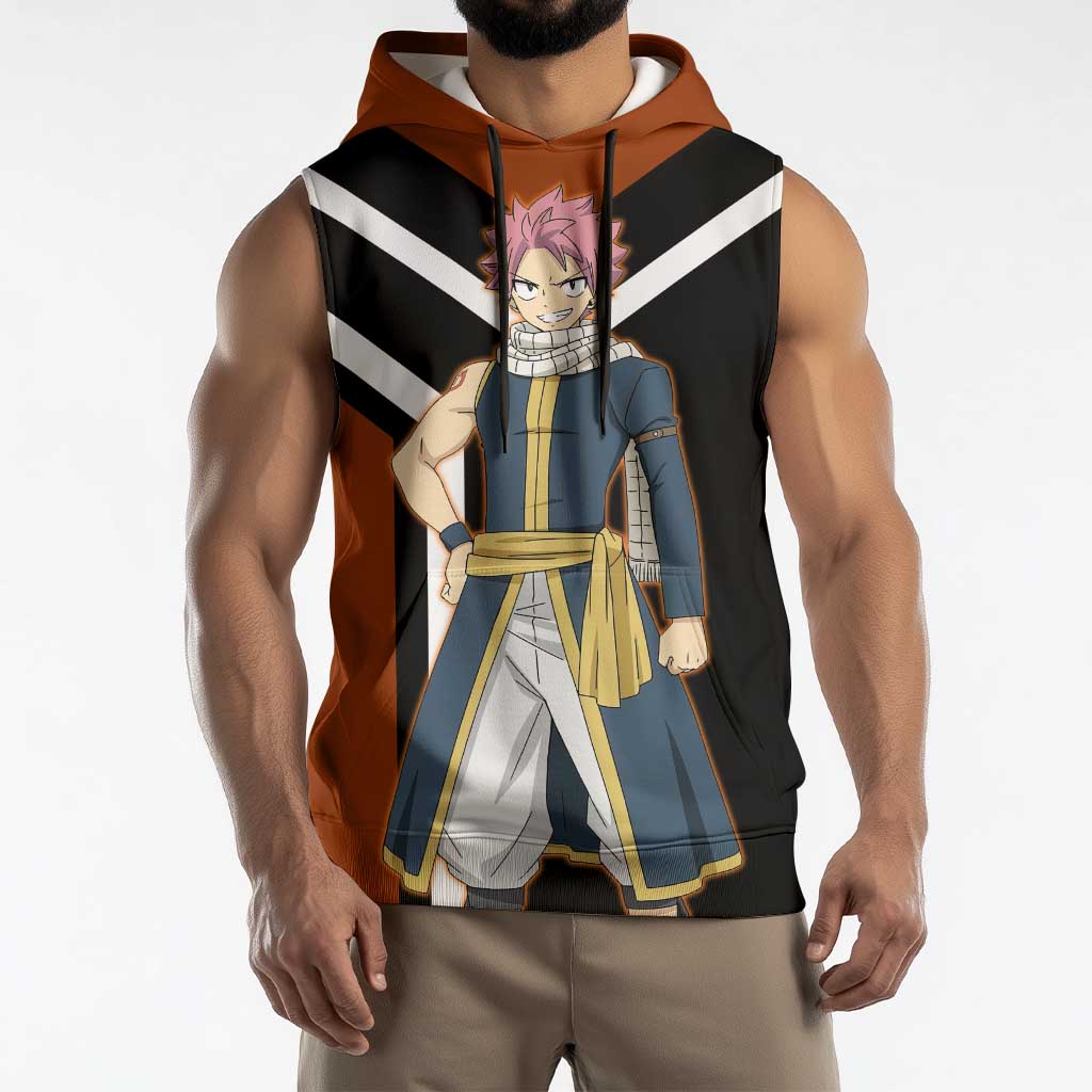 Natsu Dragneel Fairy Tail Sleeveless Hoodie with Fire Magic Pose and Fiery Action Design - The Mazicc