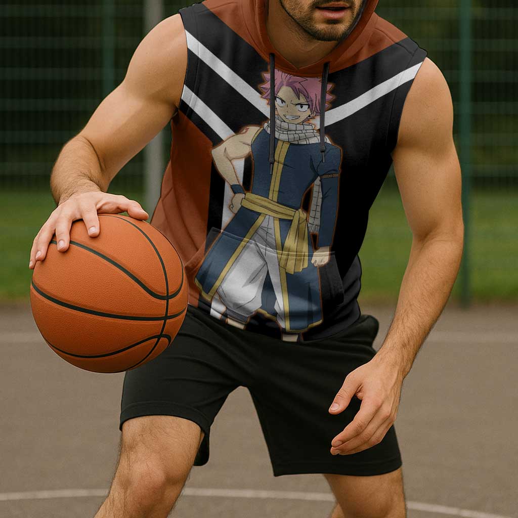 Natsu Dragneel Fairy Tail Sleeveless Hoodie with Fire Magic Pose and Fiery Action Design - The Mazicc
