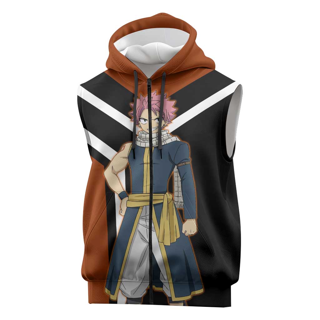 Natsu Dragneel Fairy Tail Sleeveless Zip Hoodie with Fire Magic Pose and Fiery Action Design - The Mazicc