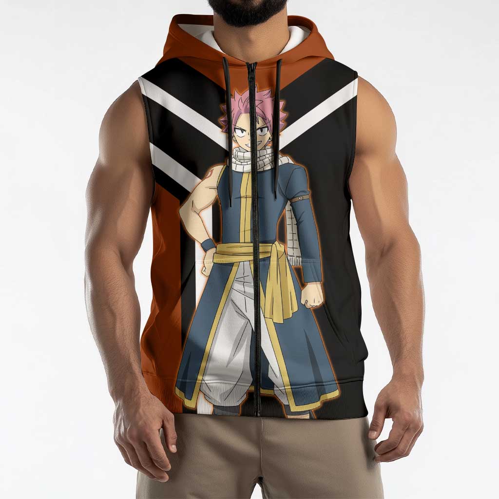 Natsu Dragneel Fairy Tail Sleeveless Zip Hoodie with Fire Magic Pose and Fiery Action Design - The Mazicc