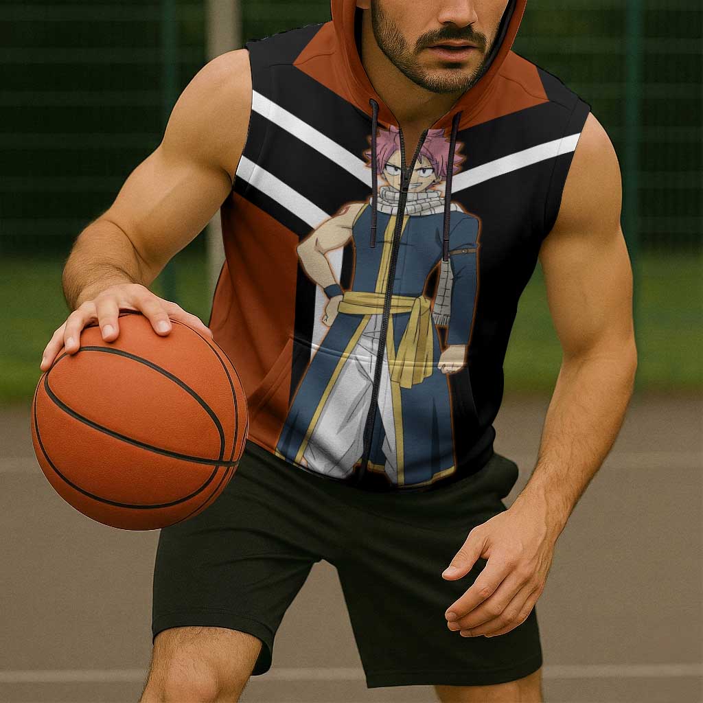 Natsu Dragneel Fairy Tail Sleeveless Zip Hoodie with Fire Magic Pose and Fiery Action Design - The Mazicc