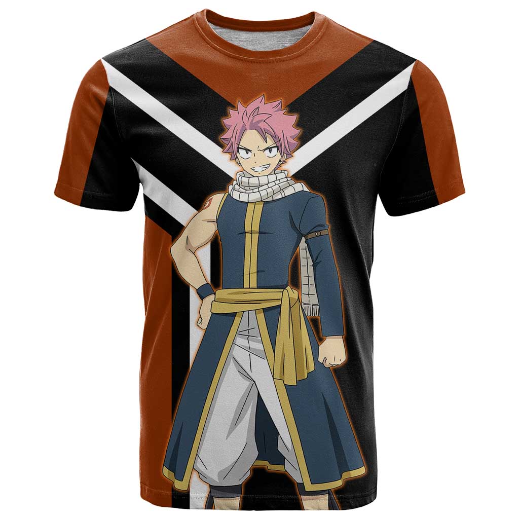 Natsu Dragneel Fairy Tail T Shirt with Fire Magic Pose and Fiery Action Design - The Mazicc
