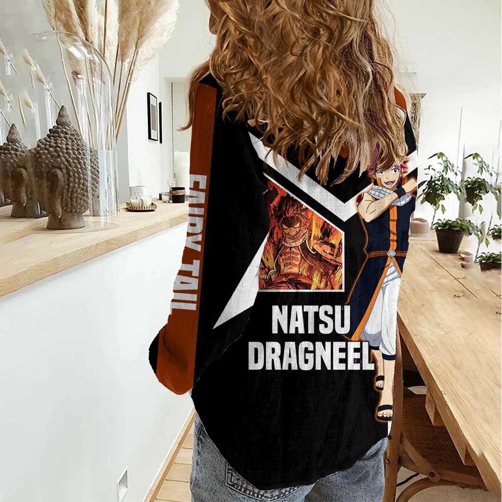 Natsu Dragneel Fairy Tail Women Casual Shirt with Fire Magic Pose and Fiery Action Design - The Mazicc