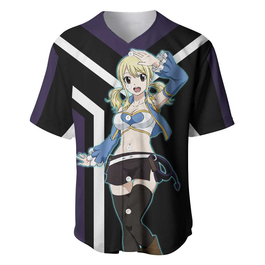Lucy Heartfilia Fairy Tail Baseball Jersey with Celestial Keys and Magical Battle Pose Design - The Mazicc