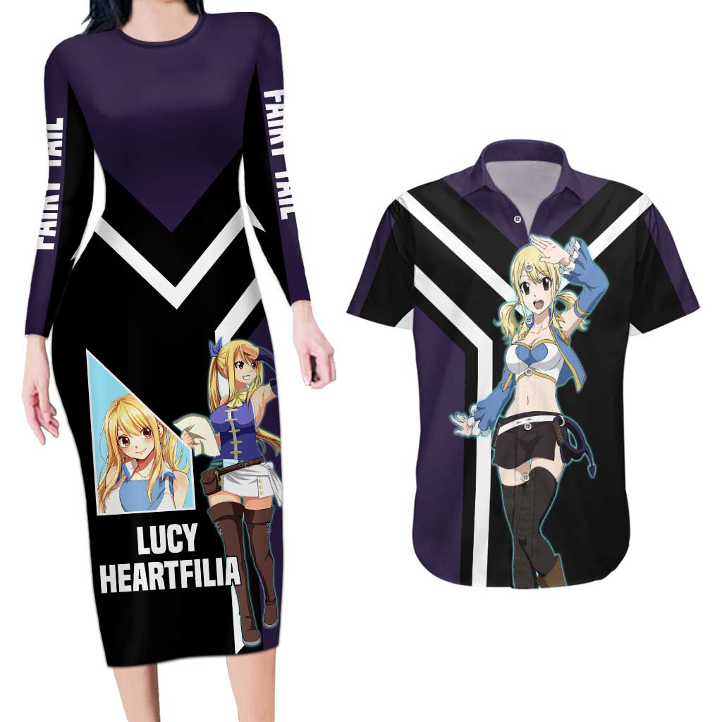 Lucy Heartfilia Fairy Tail Couples Matching Long Sleeve Bodycon Dress and Hawaiian Shirt with Celestial Keys and Magical Battle Pose Design - The Mazicc
