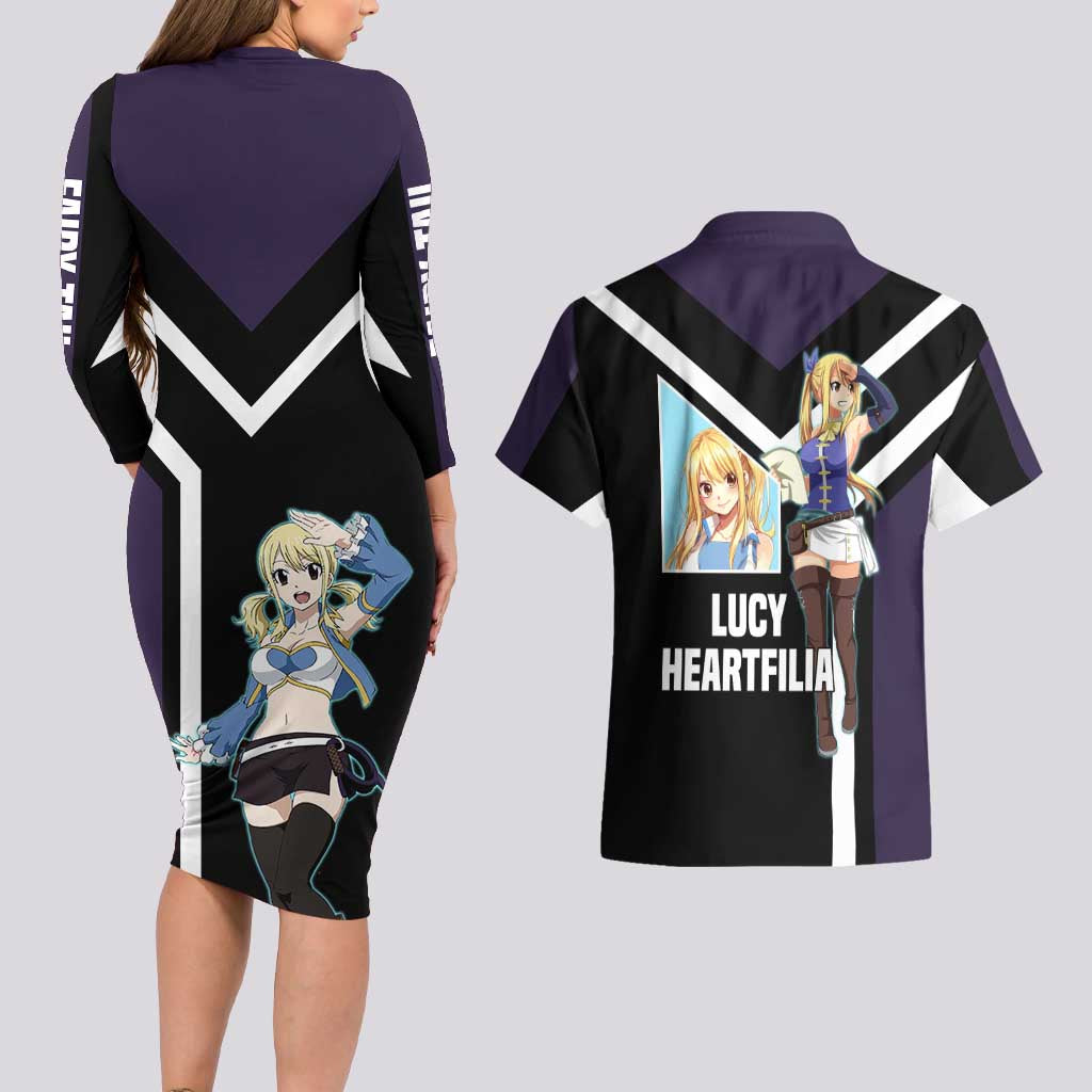 Lucy Heartfilia Fairy Tail Couples Matching Long Sleeve Bodycon Dress and Hawaiian Shirt with Celestial Keys and Magical Battle Pose Design - The Mazicc