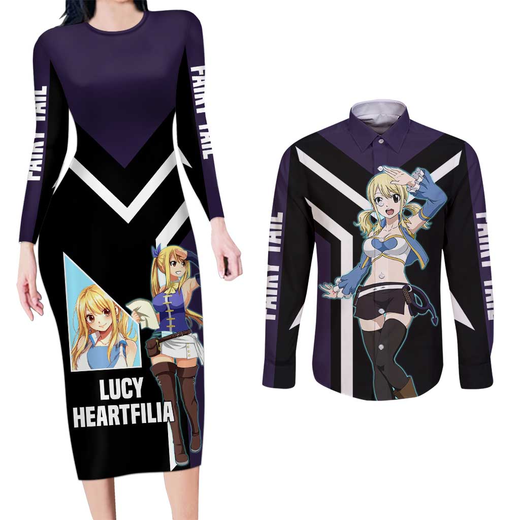 Lucy Heartfilia Fairy Tail Couples Matching Long Sleeve Bodycon Dress and Long Sleeve Button Shirt with Celestial Keys and Magical Battle Pose Design - The Mazicc