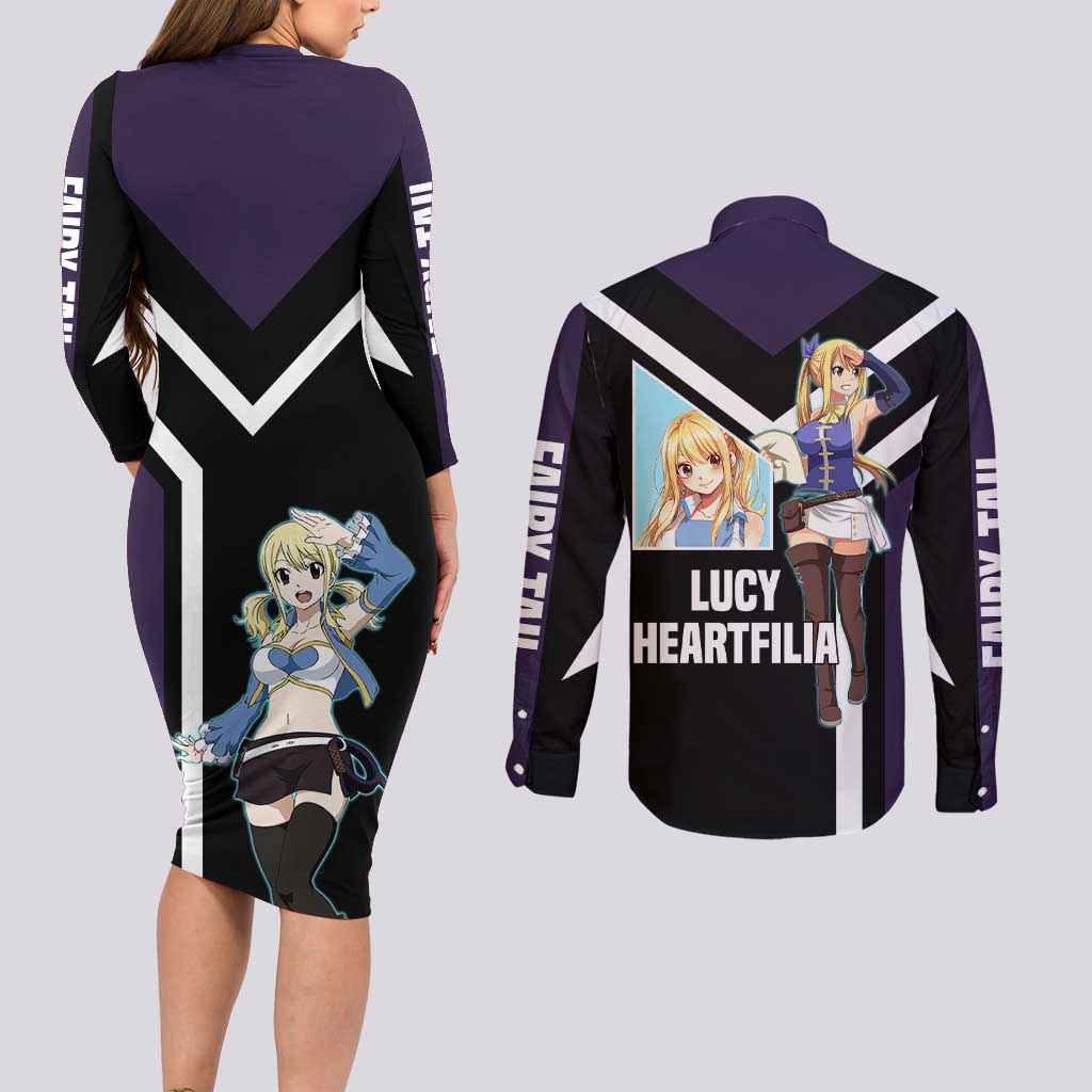 Lucy Heartfilia Fairy Tail Couples Matching Long Sleeve Bodycon Dress and Long Sleeve Button Shirt with Celestial Keys and Magical Battle Pose Design - The Mazicc