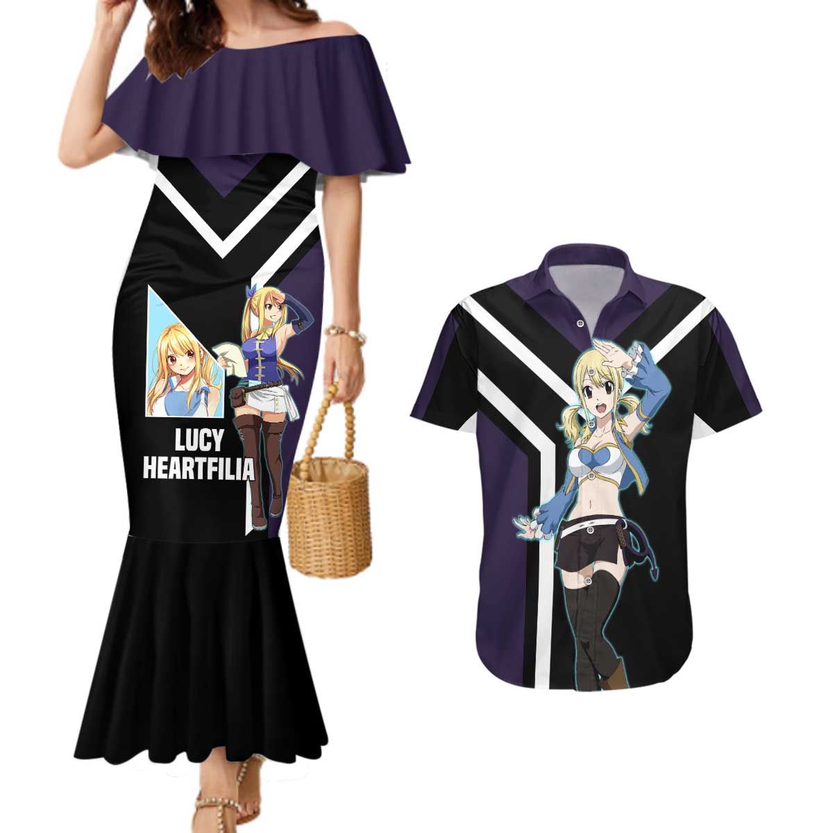 Lucy Heartfilia Fairy Tail Couples Matching Mermaid Dress and Hawaiian Shirt with Celestial Keys and Magical Battle Pose Design - The Mazicc