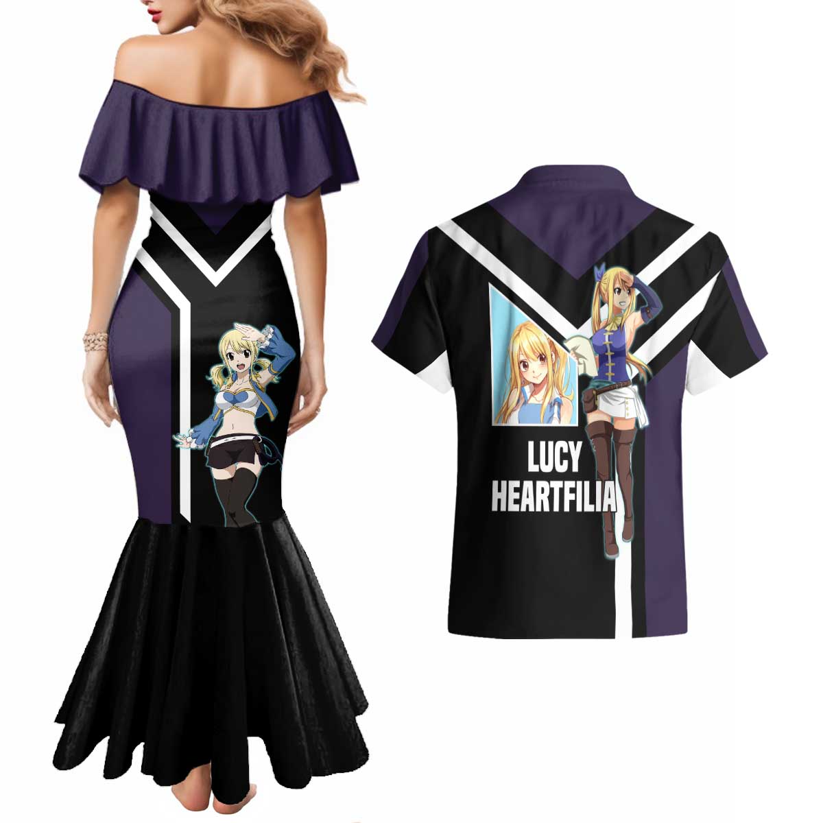 Lucy Heartfilia Fairy Tail Couples Matching Mermaid Dress and Hawaiian Shirt with Celestial Keys and Magical Battle Pose Design - The Mazicc