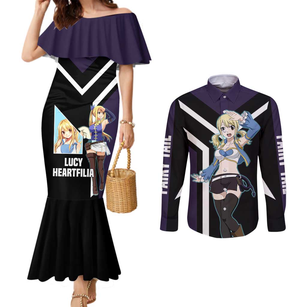 Lucy Heartfilia Fairy Tail Couples Matching Mermaid Dress and Long Sleeve Button Shirt with Celestial Keys and Magical Battle Pose Design - The Mazicc
