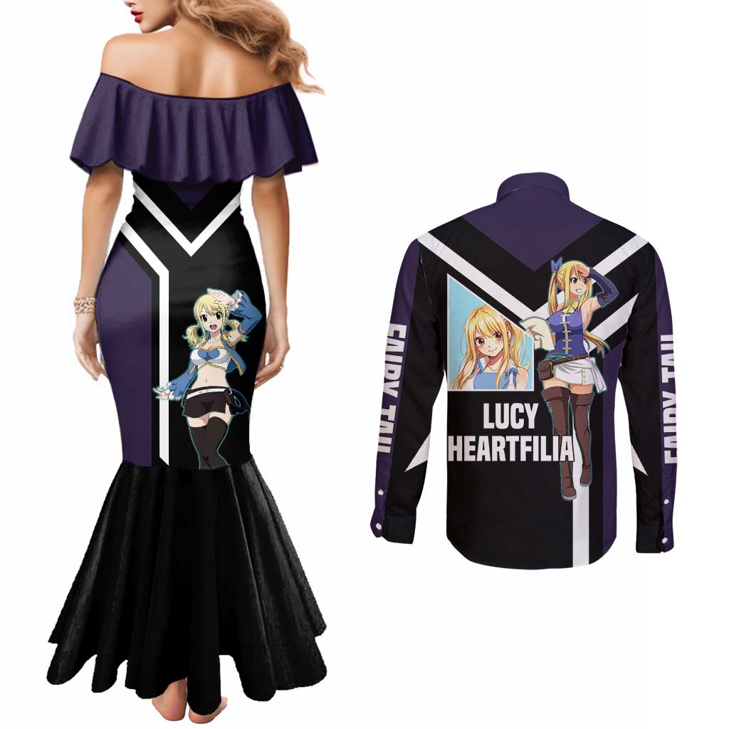 Lucy Heartfilia Fairy Tail Couples Matching Mermaid Dress and Long Sleeve Button Shirt with Celestial Keys and Magical Battle Pose Design - The Mazicc