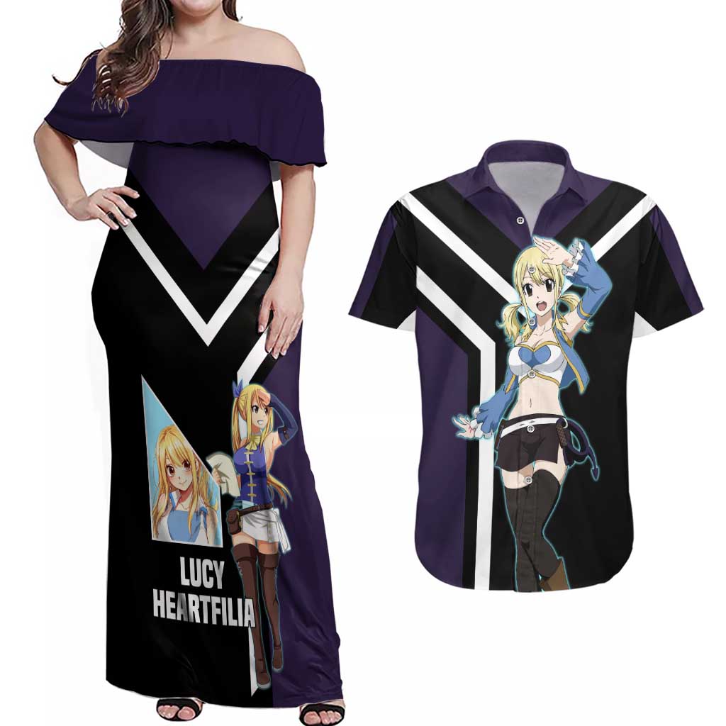 Lucy Heartfilia Fairy Tail Couples Matching Off Shoulder Maxi Dress and Hawaiian Shirt with Celestial Keys and Magical Battle Pose Design - The Mazicc
