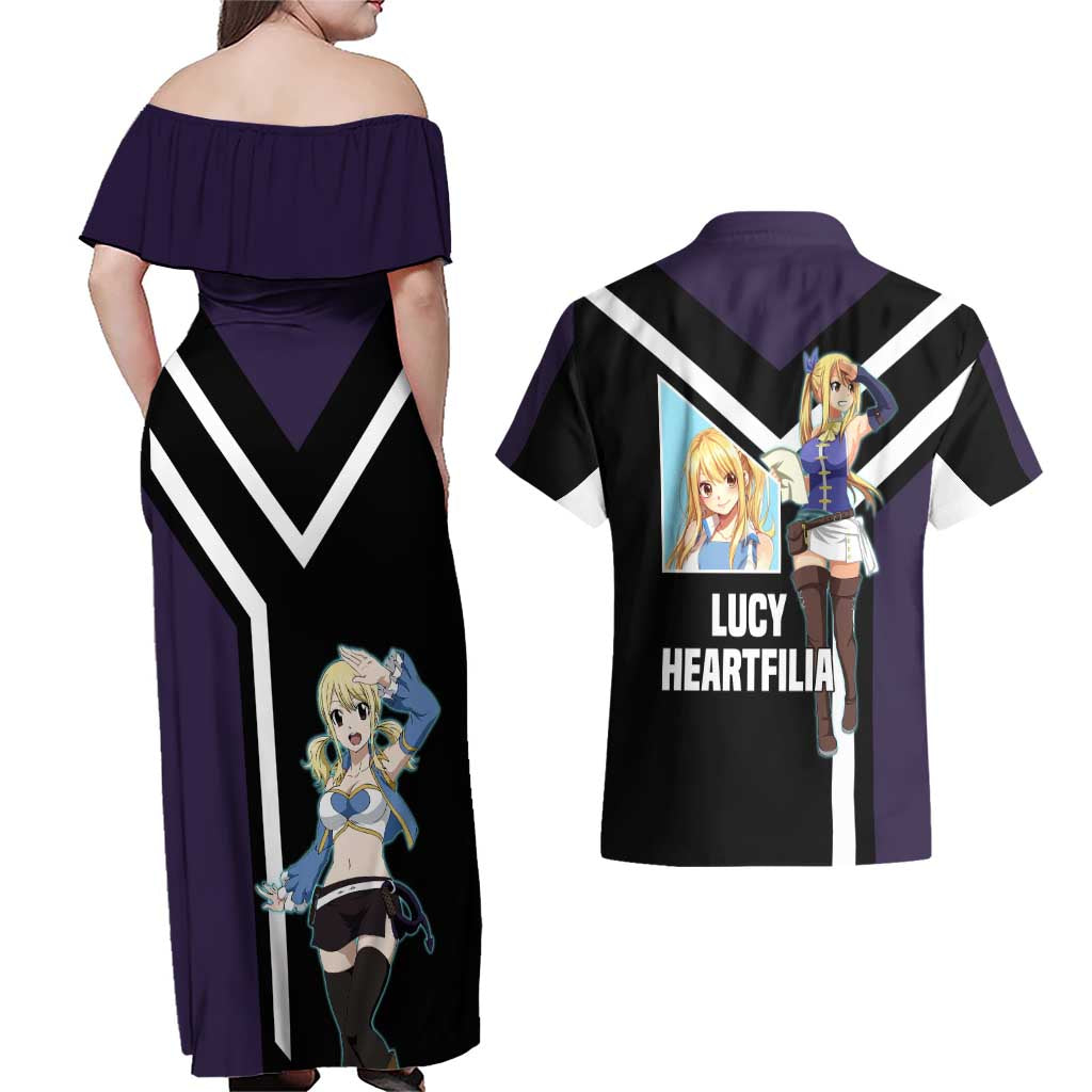 Lucy Heartfilia Fairy Tail Couples Matching Off Shoulder Maxi Dress and Hawaiian Shirt with Celestial Keys and Magical Battle Pose Design - The Mazicc