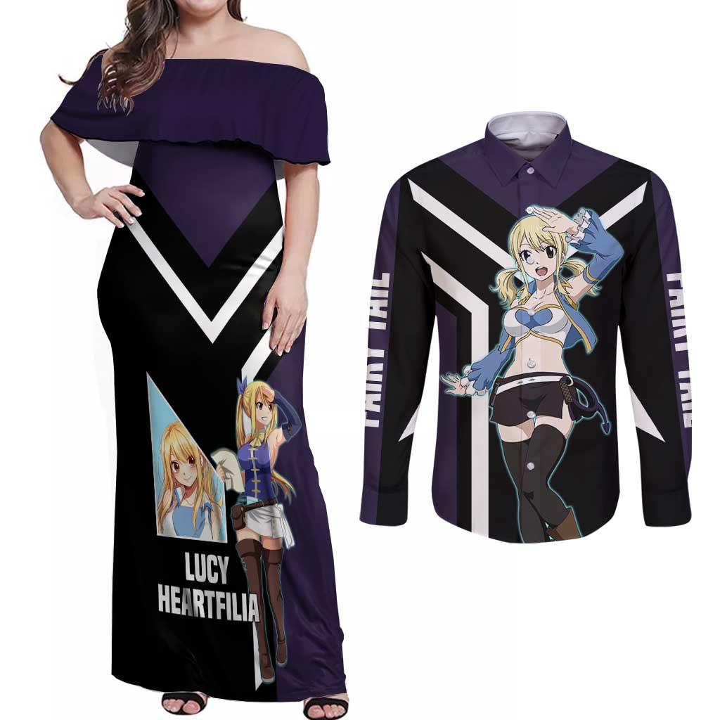 Lucy Heartfilia Fairy Tail Couples Matching Off Shoulder Maxi Dress and Long Sleeve Button Shirt with Celestial Keys and Magical Battle Pose Design - The Mazicc