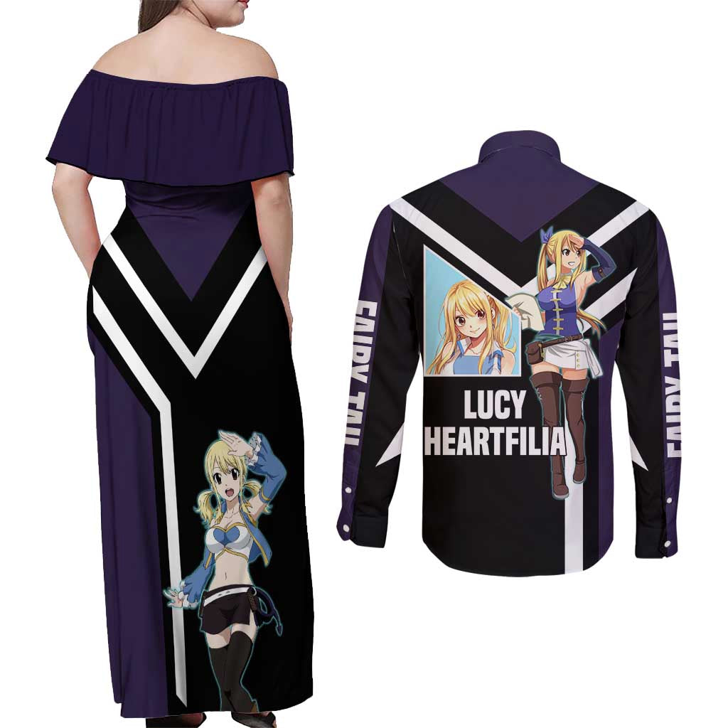 Lucy Heartfilia Fairy Tail Couples Matching Off Shoulder Maxi Dress and Long Sleeve Button Shirt with Celestial Keys and Magical Battle Pose Design - The Mazicc