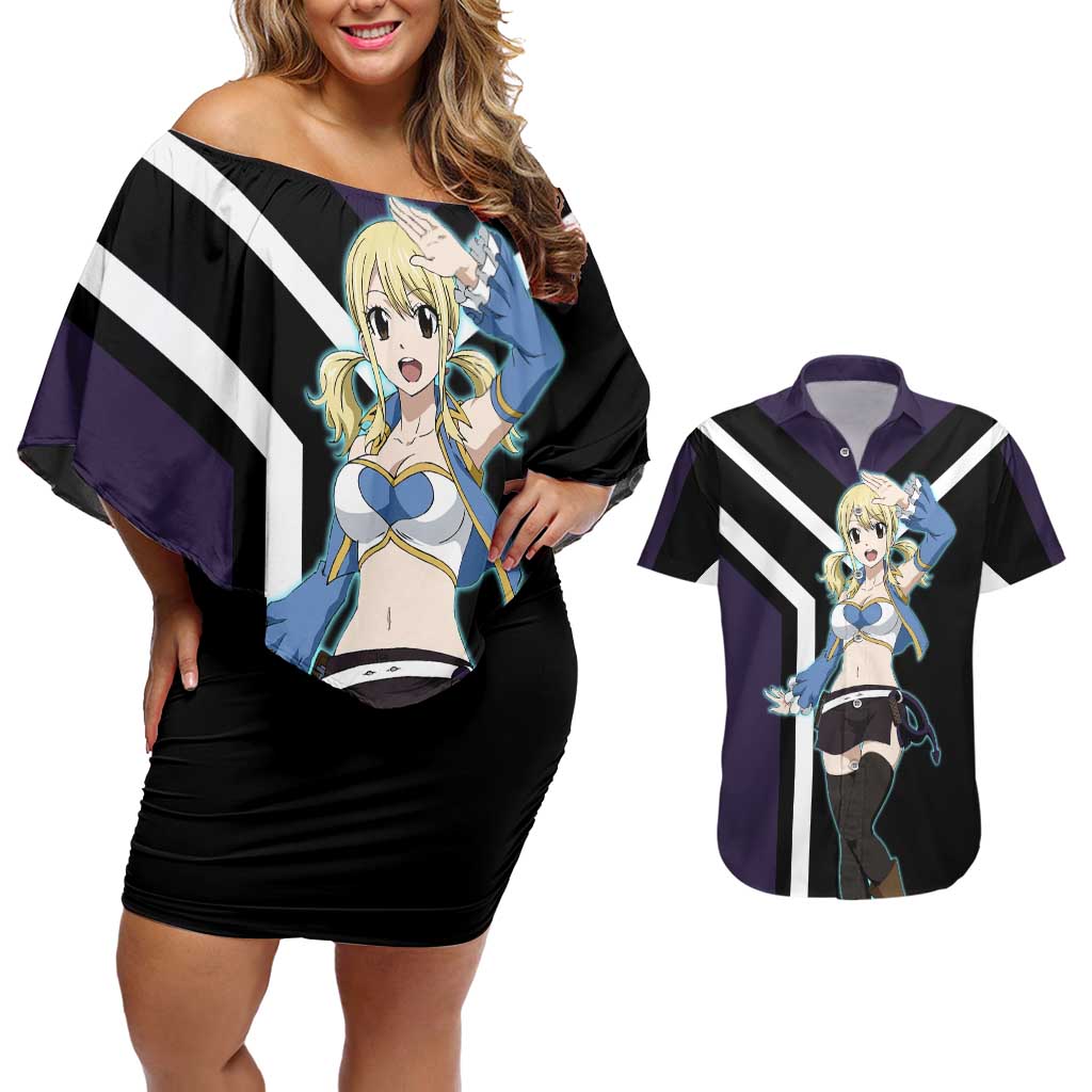 Lucy Heartfilia Fairy Tail Couples Matching Off Shoulder Short Dress and Hawaiian Shirt with Celestial Keys and Magical Battle Pose Design - The Mazicc