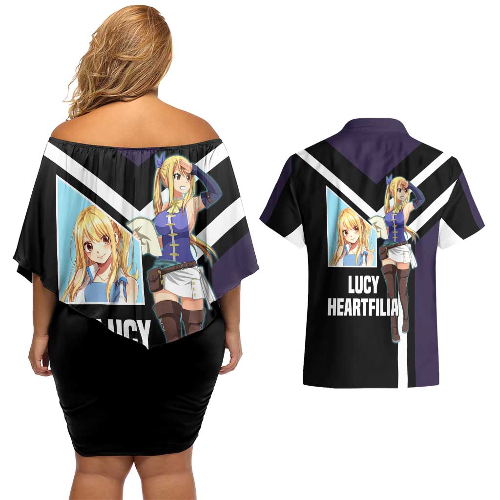 Lucy Heartfilia Fairy Tail Couples Matching Off Shoulder Short Dress and Hawaiian Shirt with Celestial Keys and Magical Battle Pose Design - The Mazicc