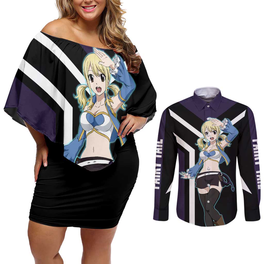 Lucy Heartfilia Fairy Tail Couples Matching Off Shoulder Short Dress and Long Sleeve Button Shirt with Celestial Keys and Magical Battle Pose Design - The Mazicc