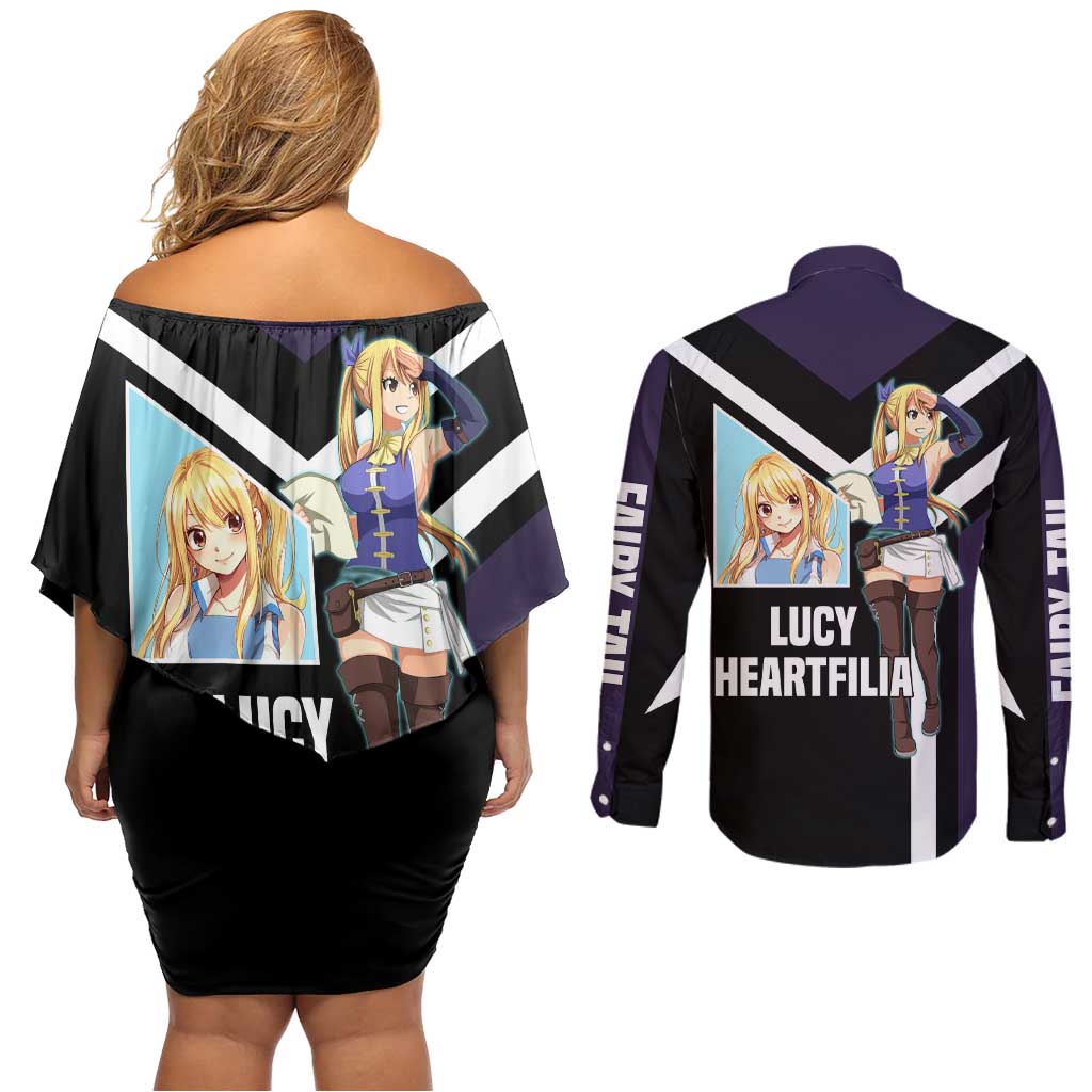 Lucy Heartfilia Fairy Tail Couples Matching Off Shoulder Short Dress and Long Sleeve Button Shirt with Celestial Keys and Magical Battle Pose Design - The Mazicc