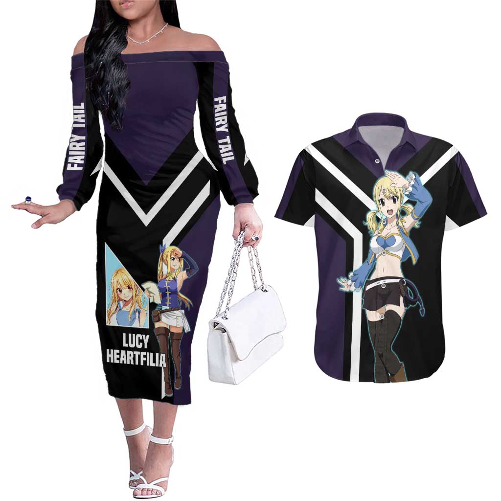 Lucy Heartfilia Fairy Tail Couples Matching Off The Shoulder Long Sleeve Dress and Hawaiian Shirt with Celestial Keys and Magical Battle Pose Design - The Mazicc