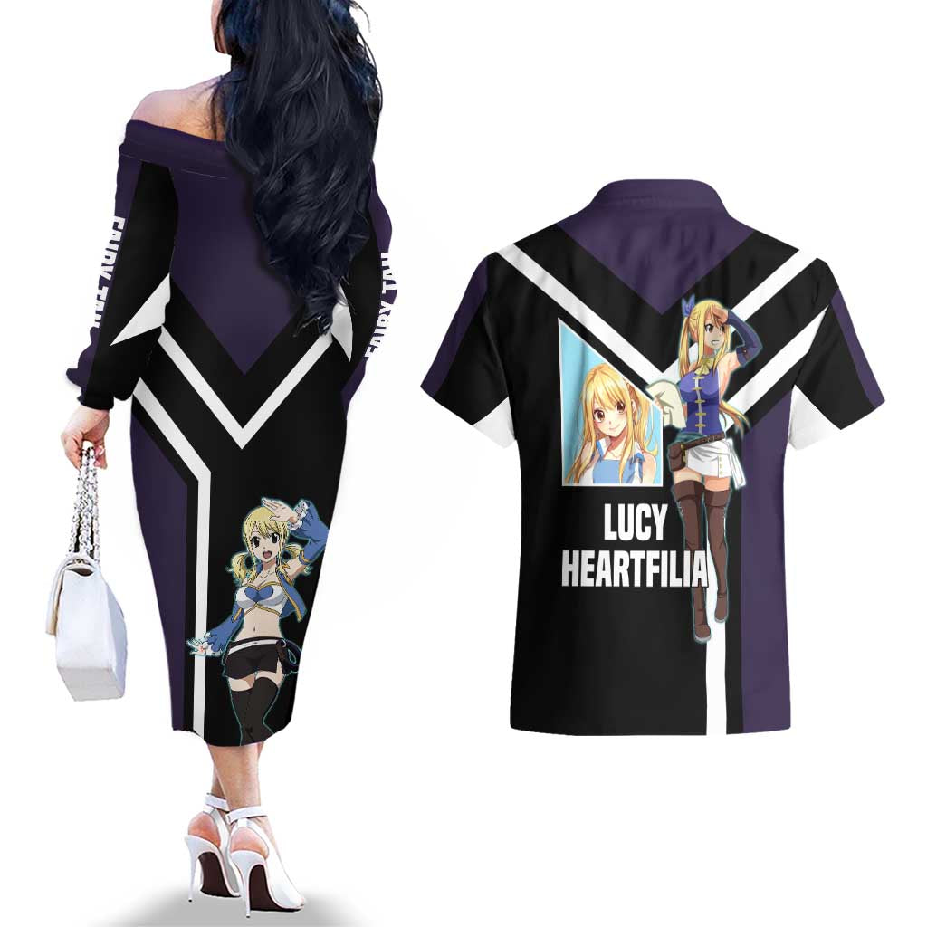 Lucy Heartfilia Fairy Tail Couples Matching Off The Shoulder Long Sleeve Dress and Hawaiian Shirt with Celestial Keys and Magical Battle Pose Design - The Mazicc