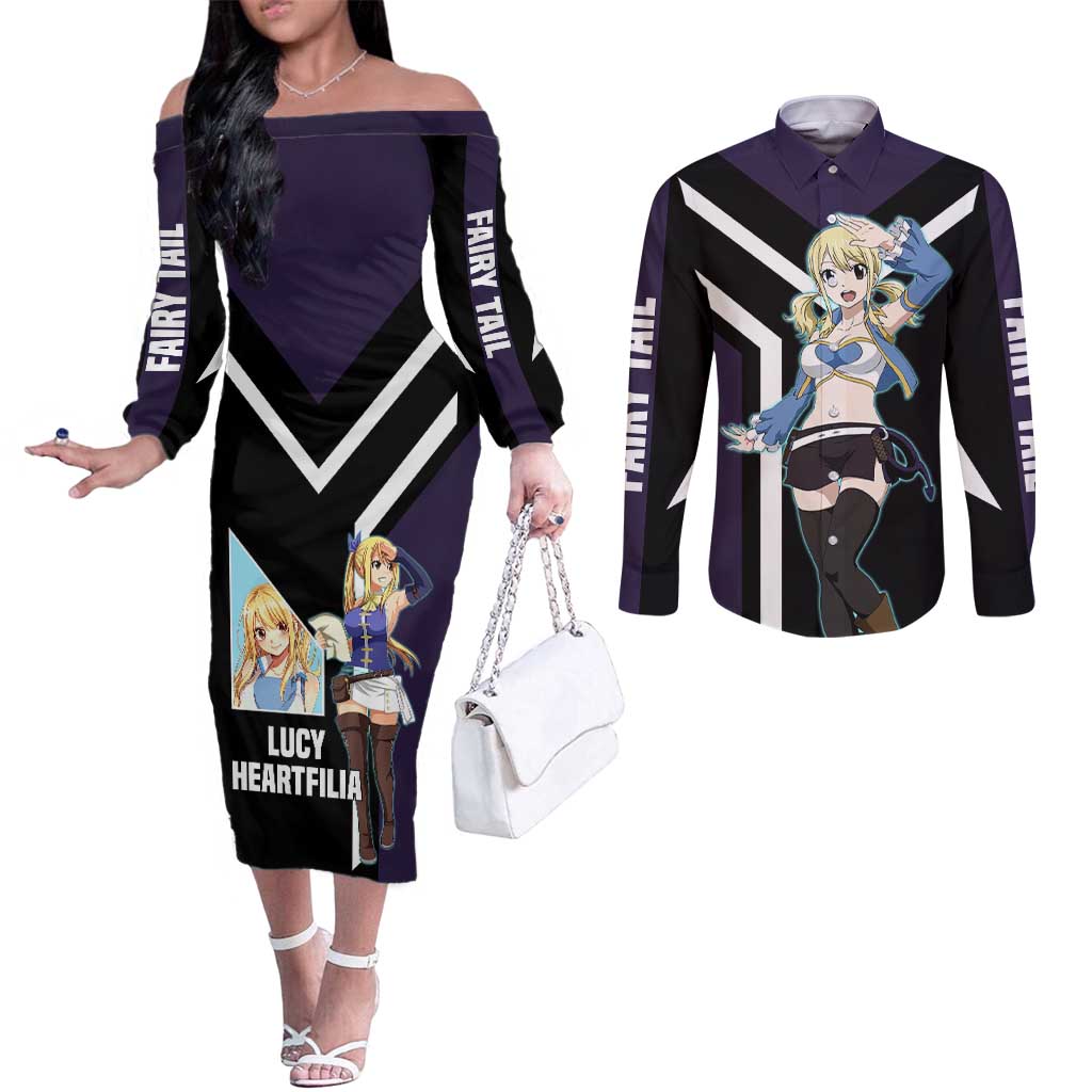 Lucy Heartfilia Fairy Tail Couples Matching Off The Shoulder Long Sleeve Dress and Long Sleeve Button Shirt with Celestial Keys and Magical Battle Pose Design - The Mazicc