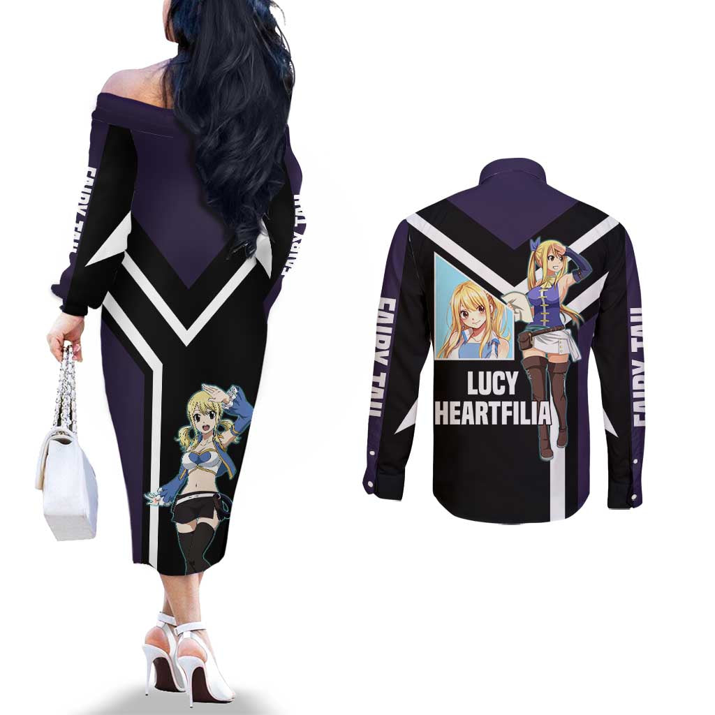 Lucy Heartfilia Fairy Tail Couples Matching Off The Shoulder Long Sleeve Dress and Long Sleeve Button Shirt with Celestial Keys and Magical Battle Pose Design - The Mazicc