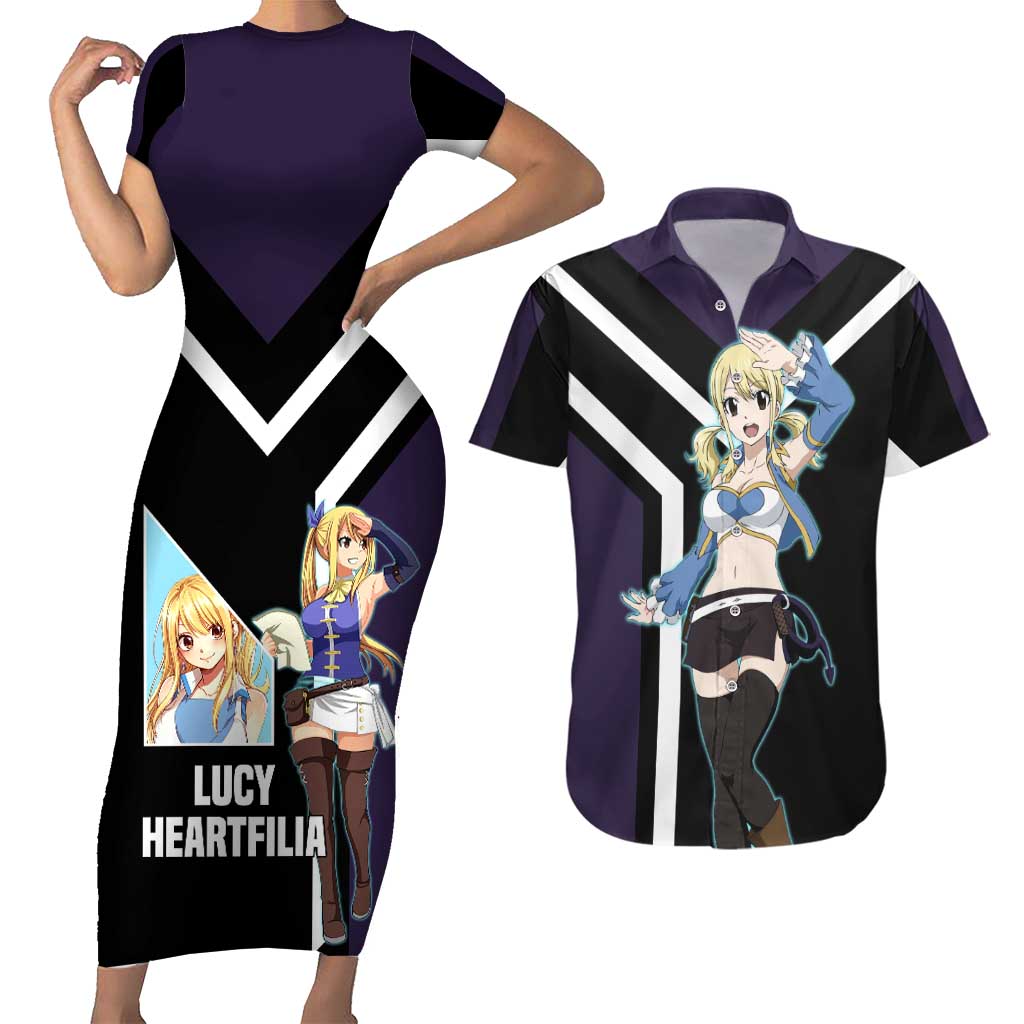 Lucy Heartfilia Fairy Tail Couples Matching Short Sleeve Bodycon Dress and Hawaiian Shirt with Celestial Keys and Magical Battle Pose Design - The Mazicc