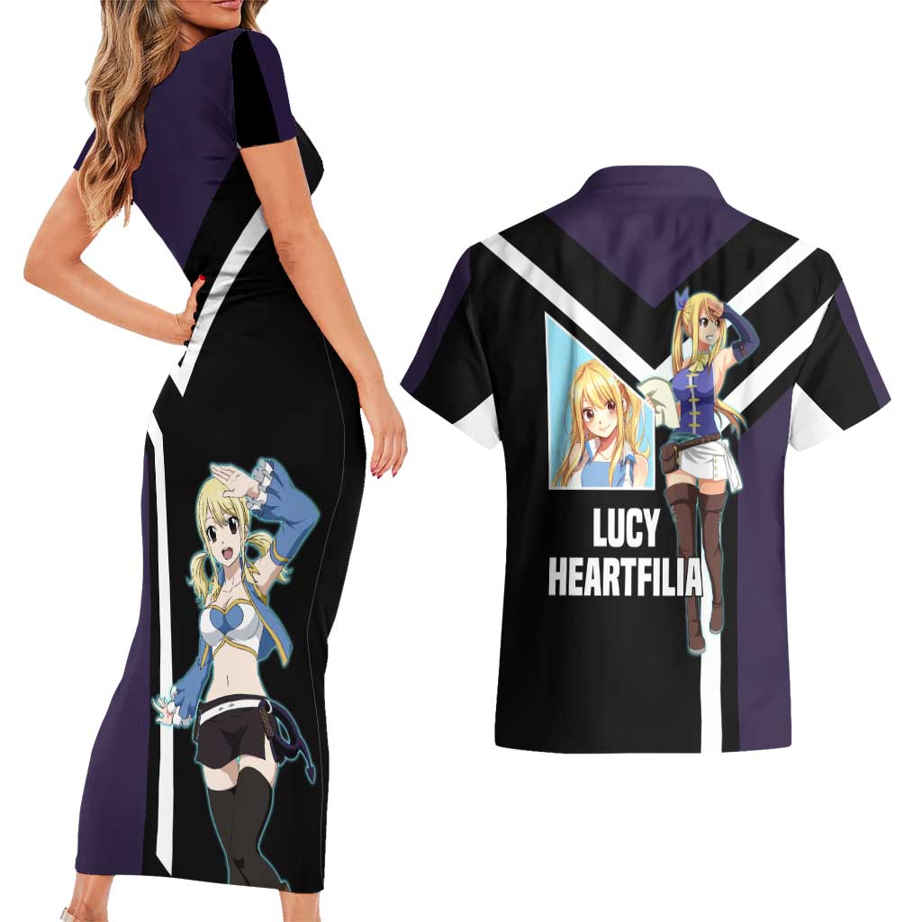 Lucy Heartfilia Fairy Tail Couples Matching Short Sleeve Bodycon Dress and Hawaiian Shirt with Celestial Keys and Magical Battle Pose Design - The Mazicc