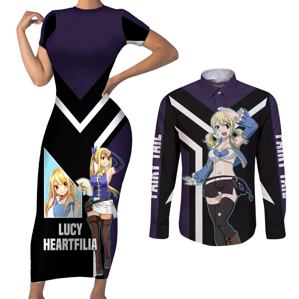 Lucy Heartfilia Fairy Tail Couples Matching Short Sleeve Bodycon Dress and Long Sleeve Button Shirt with Celestial Keys and Magical Battle Pose Design - The Mazicc