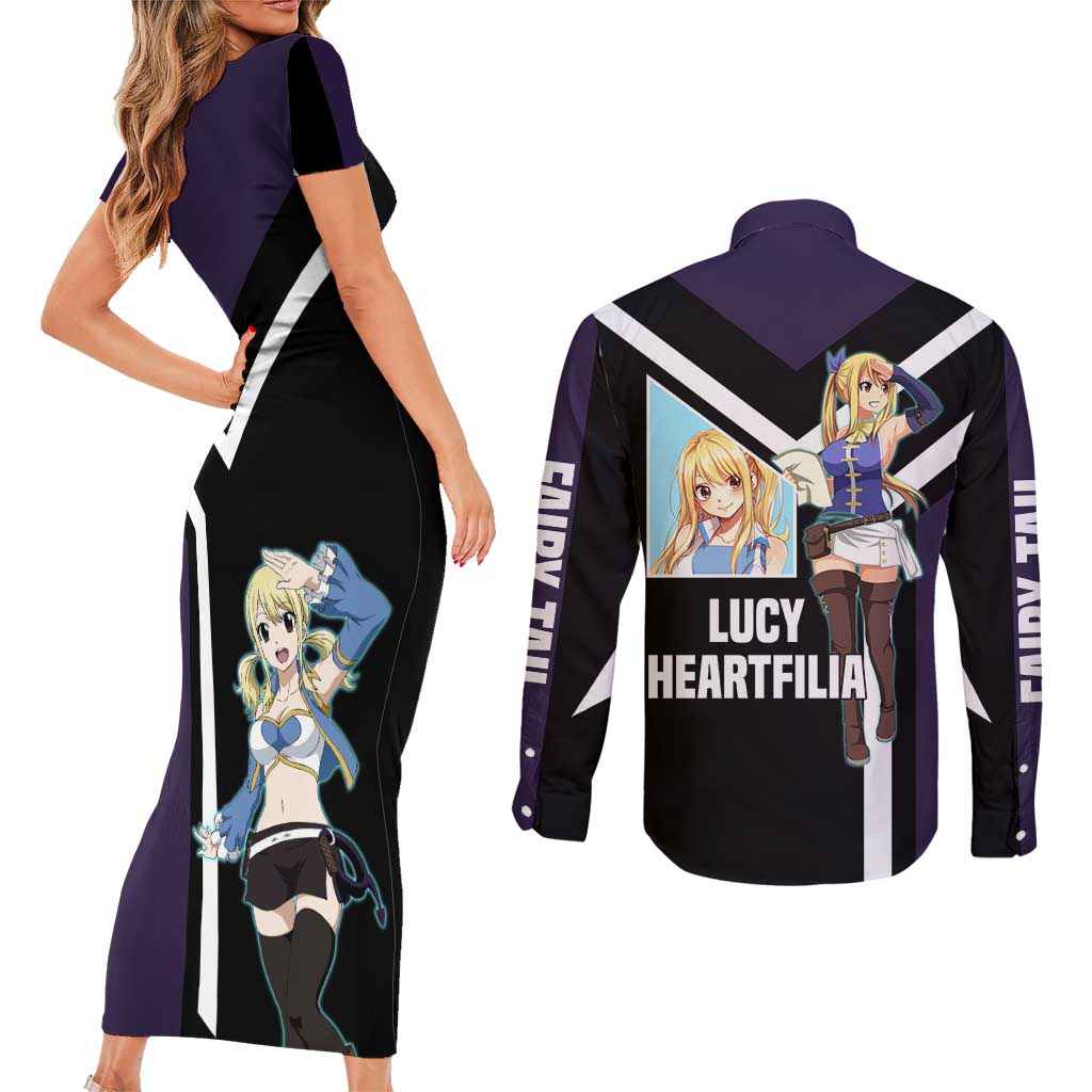 Lucy Heartfilia Fairy Tail Couples Matching Short Sleeve Bodycon Dress and Long Sleeve Button Shirt with Celestial Keys and Magical Battle Pose Design - The Mazicc