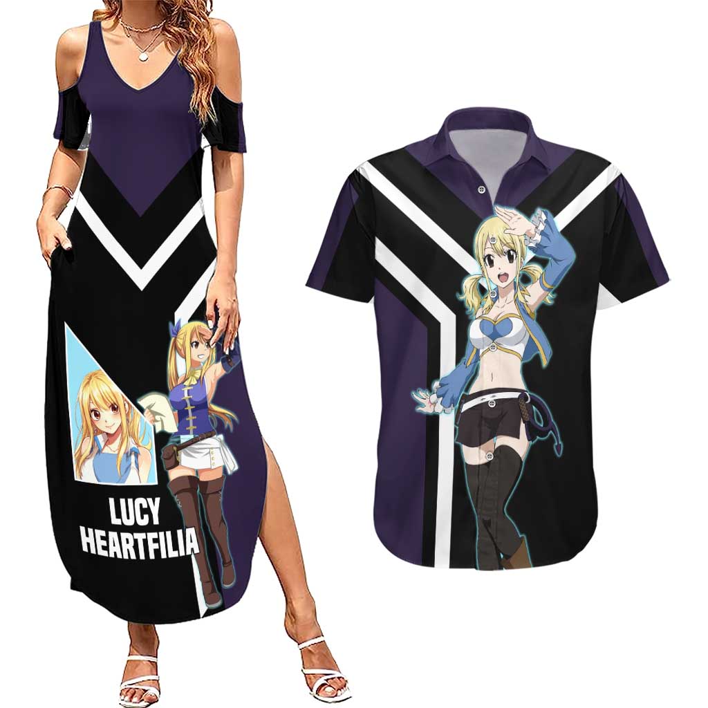 Lucy Heartfilia Fairy Tail Couples Matching Summer Maxi Dress and Hawaiian Shirt with Celestial Keys and Magical Battle Pose Design - The Mazicc