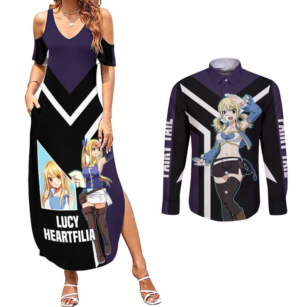 Lucy Heartfilia Fairy Tail Couples Matching Summer Maxi Dress and Long Sleeve Button Shirt with Celestial Keys and Magical Battle Pose Design - The Mazicc