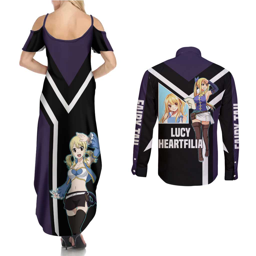 Lucy Heartfilia Fairy Tail Couples Matching Summer Maxi Dress and Long Sleeve Button Shirt with Celestial Keys and Magical Battle Pose Design - The Mazicc