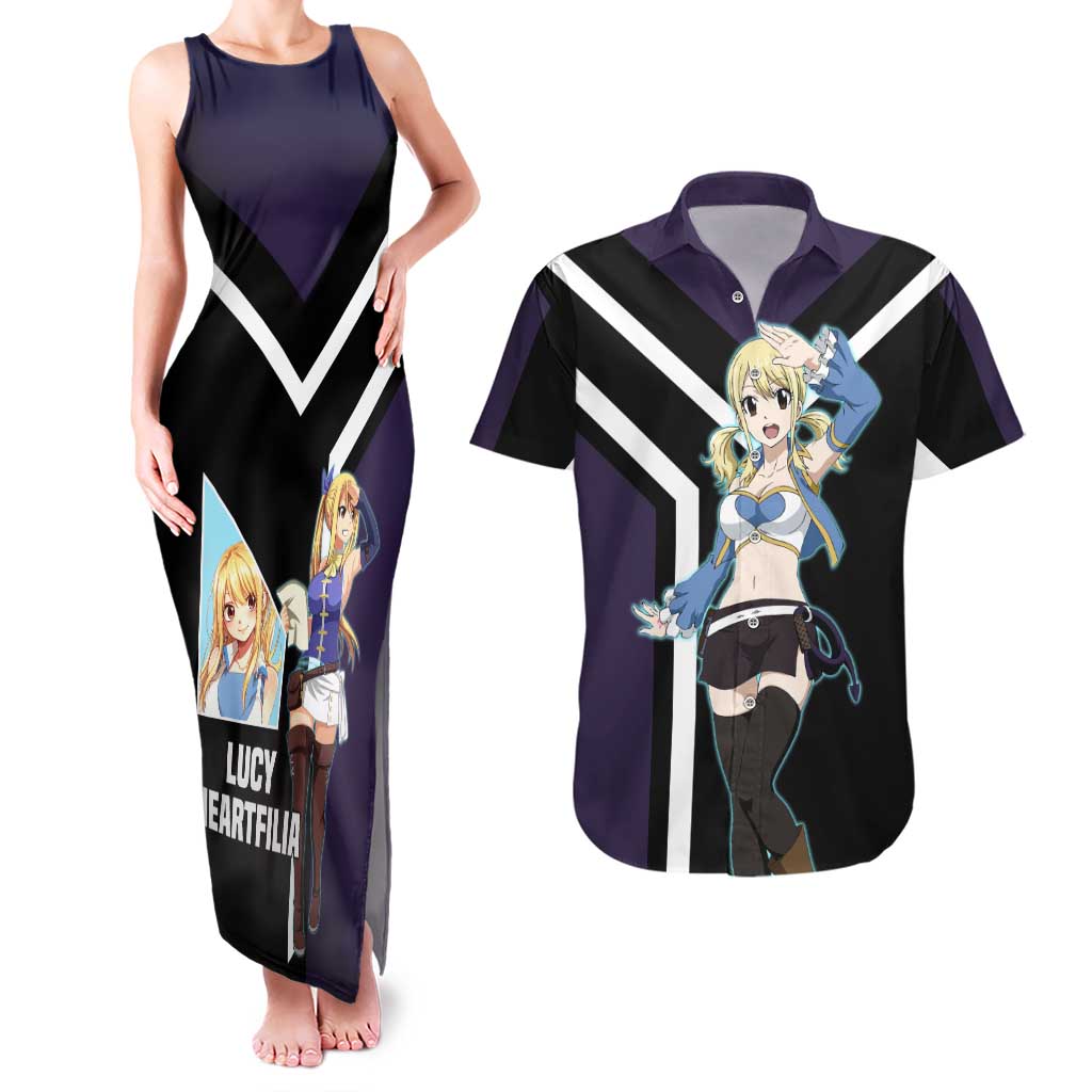 Lucy Heartfilia Fairy Tail Couples Matching Tank Maxi Dress and Hawaiian Shirt with Celestial Keys and Magical Battle Pose Design - The Mazicc