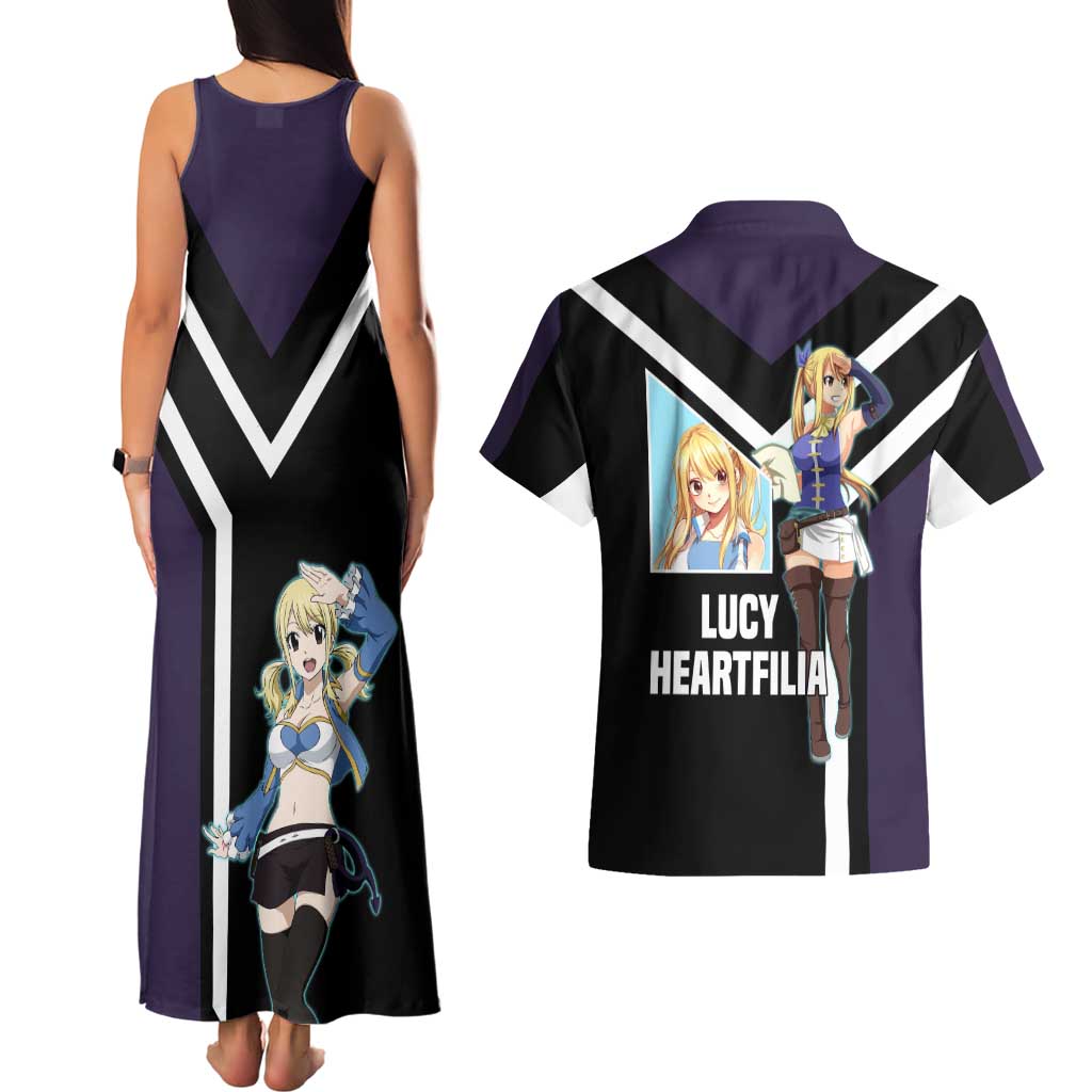 Lucy Heartfilia Fairy Tail Couples Matching Tank Maxi Dress and Hawaiian Shirt with Celestial Keys and Magical Battle Pose Design - The Mazicc