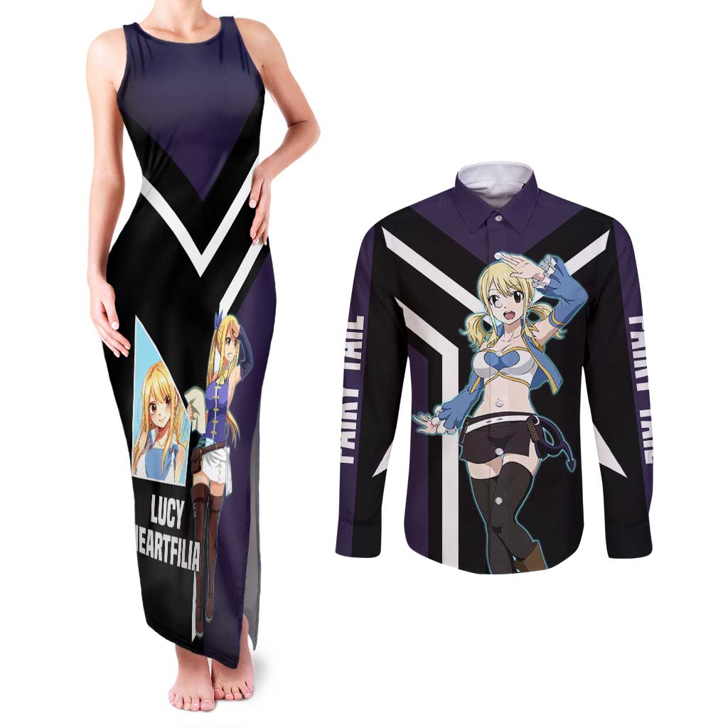 Lucy Heartfilia Fairy Tail Couples Matching Tank Maxi Dress and Long Sleeve Button Shirt with Celestial Keys and Magical Battle Pose Design - The Mazicc