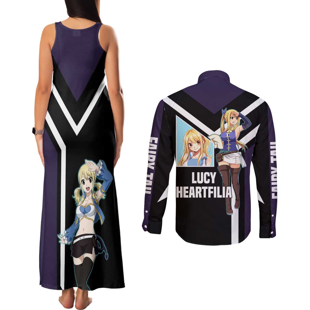 Lucy Heartfilia Fairy Tail Couples Matching Tank Maxi Dress and Long Sleeve Button Shirt with Celestial Keys and Magical Battle Pose Design - The Mazicc