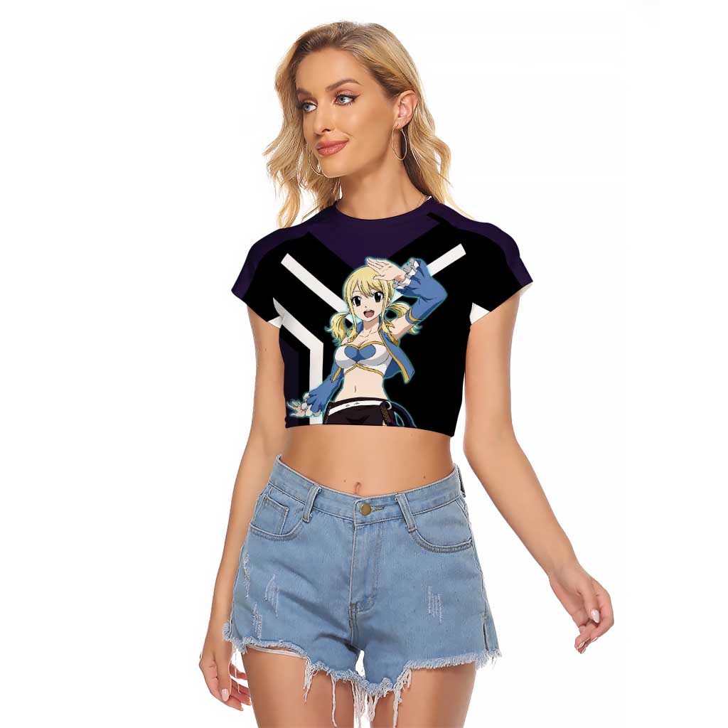 Lucy Heartfilia Fairy Tail Raglan Cropped T Shirt with Celestial Keys and Magical Battle Pose Design - The Mazicc