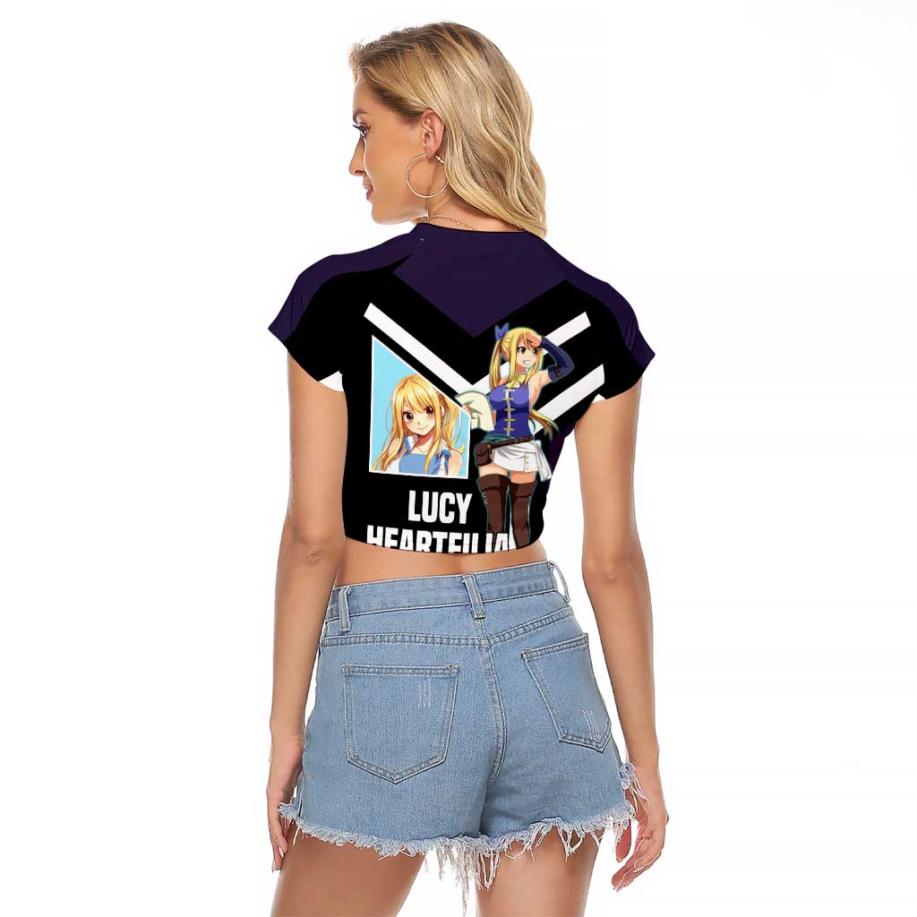 Lucy Heartfilia Fairy Tail Raglan Cropped T Shirt with Celestial Keys and Magical Battle Pose Design - The Mazicc