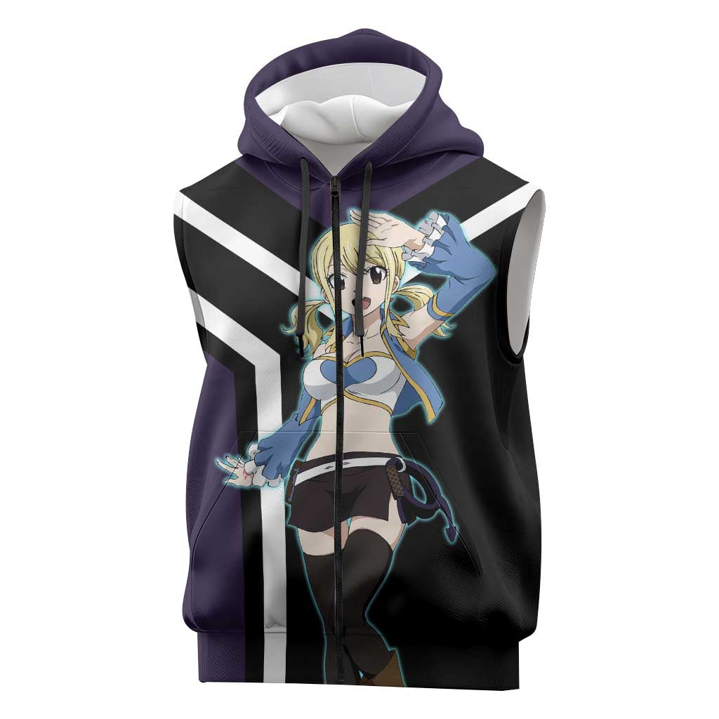 Lucy Heartfilia Fairy Tail Sleeveless Zip Hoodie with Celestial Keys and Magical Battle Pose Design - The Mazicc