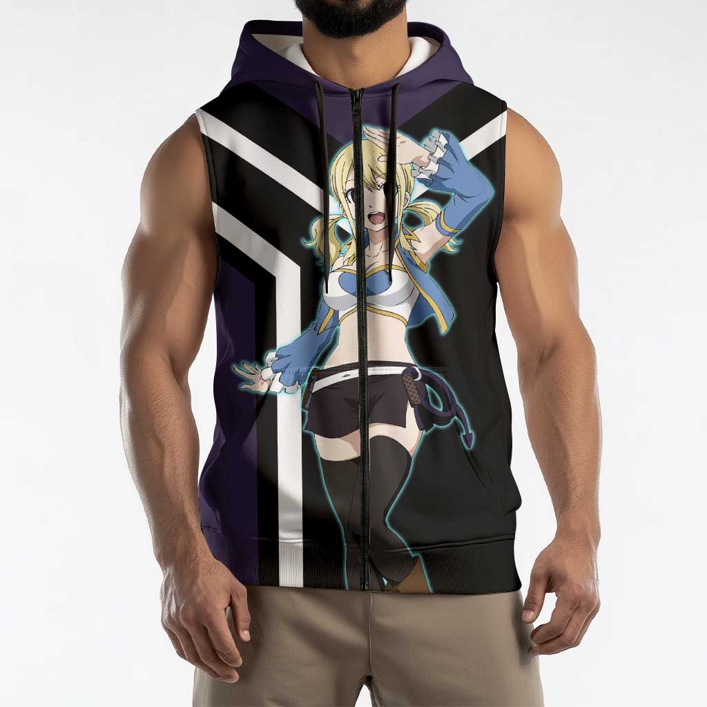Lucy Heartfilia Fairy Tail Sleeveless Zip Hoodie with Celestial Keys and Magical Battle Pose Design - The Mazicc