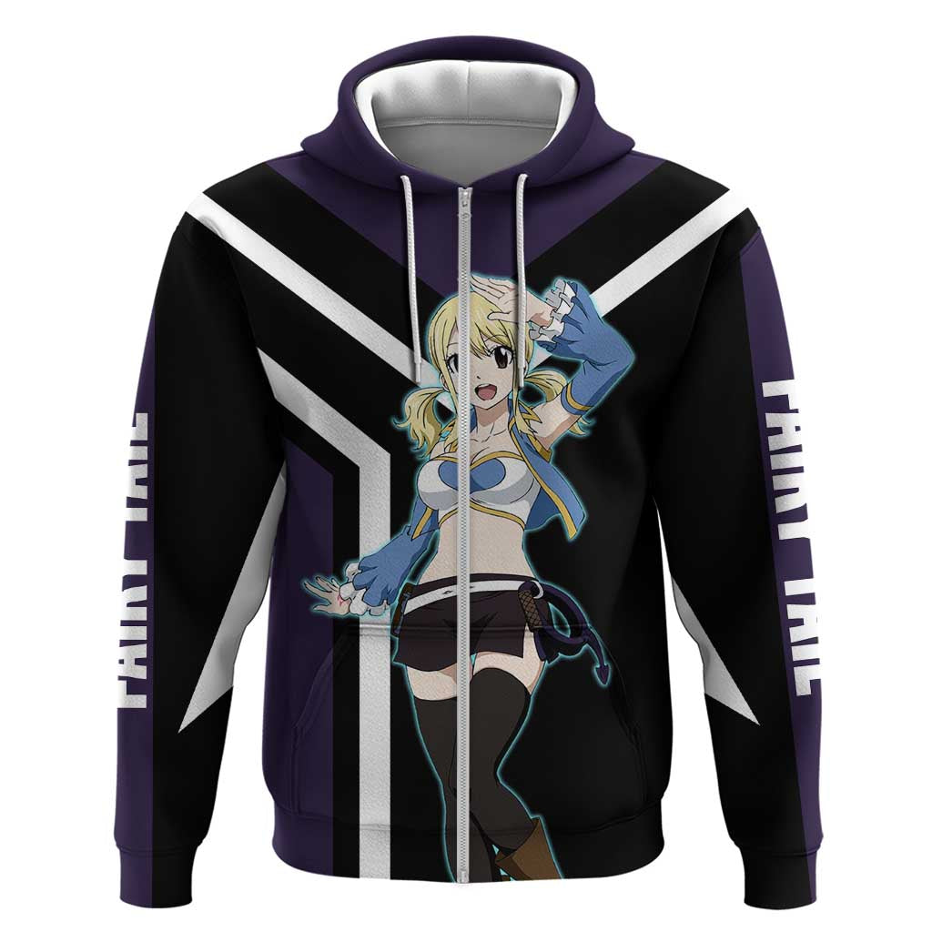 Lucy Heartfilia Fairy Tail Zip Hoodie with Celestial Keys and Magical Battle Pose Design - The Mazicc