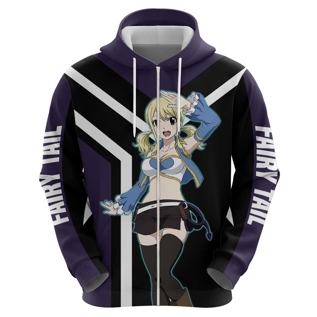 Lucy Heartfilia Fairy Tail Zip Hoodie with Celestial Keys and Magical Battle Pose Design - The Mazicc