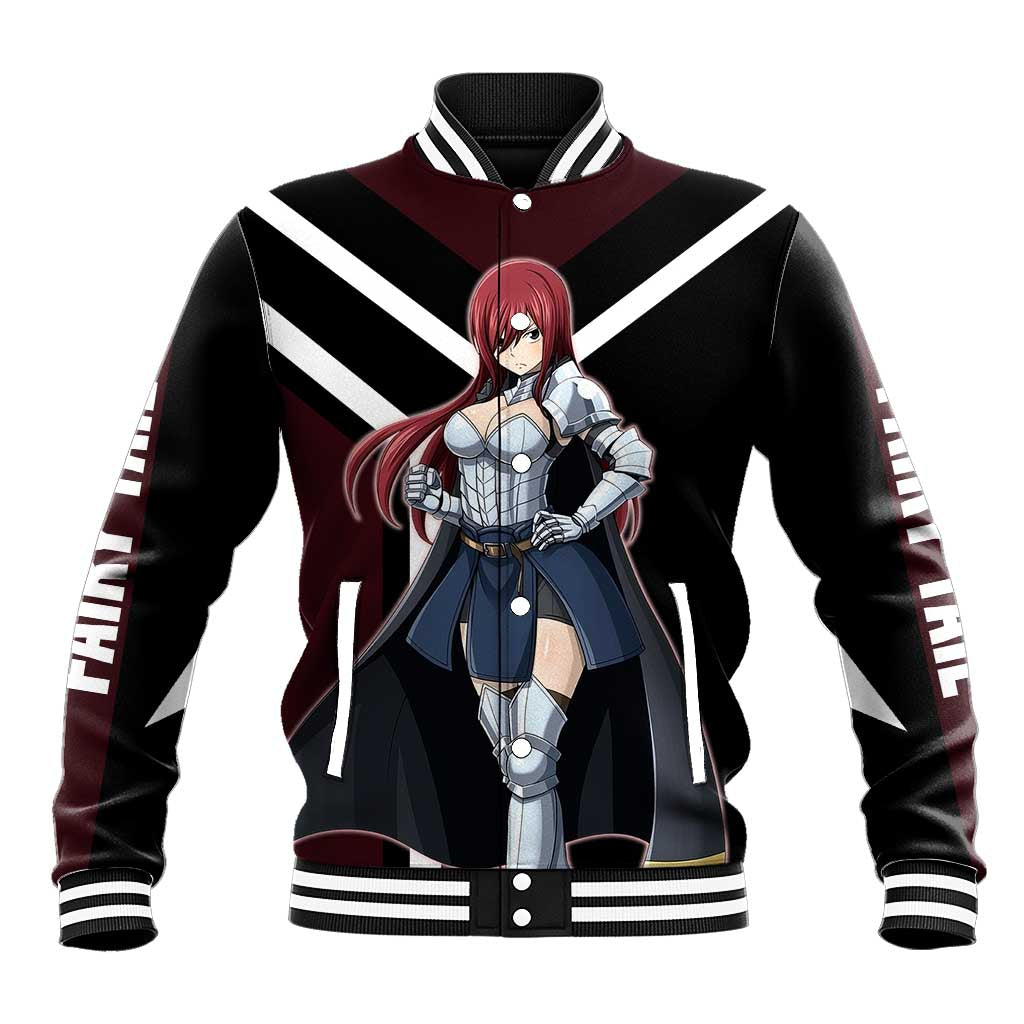 Erza Scarlet Fairy Tail Baseball Jacket with Armored Pose and Fierce Battle Design - The Mazicc