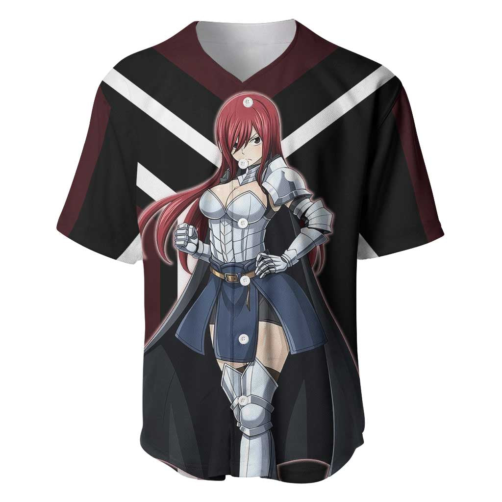 Erza Scarlet Fairy Tail Baseball Jersey with Armored Pose and Fierce Battle Design - The Mazicc